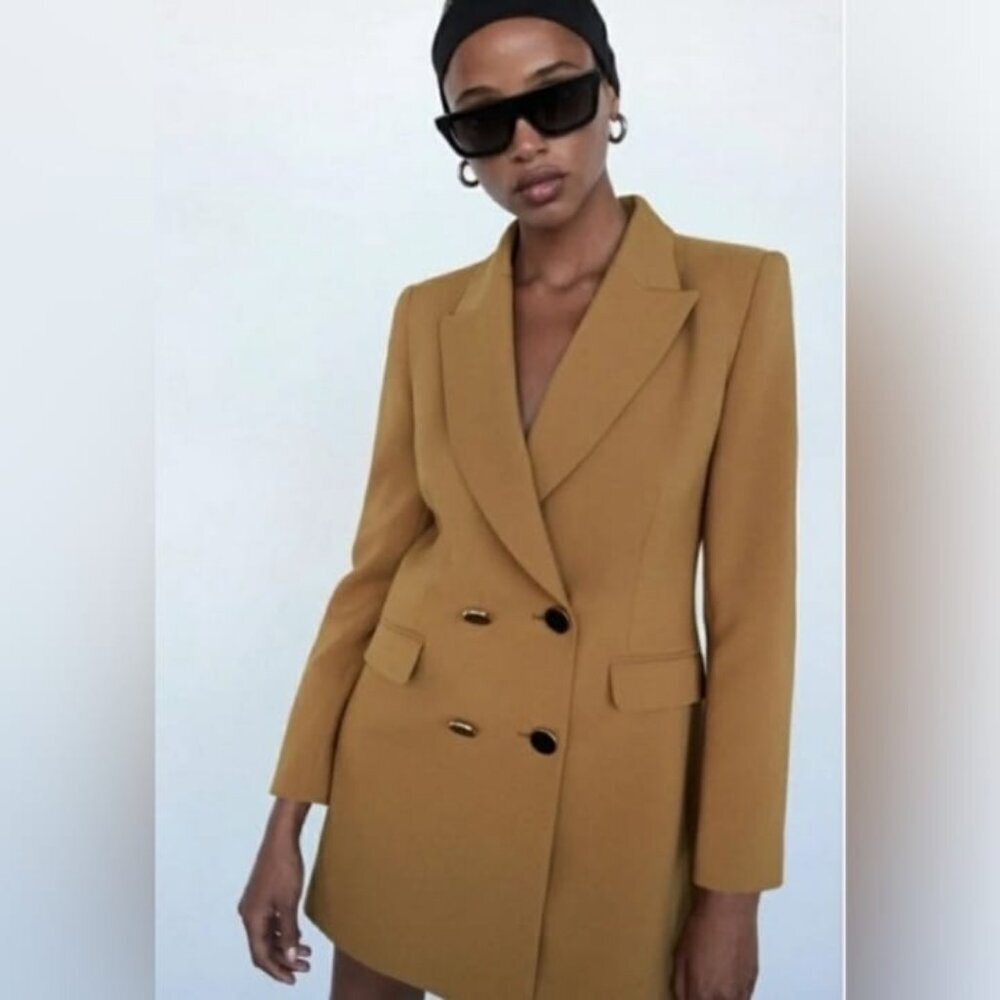 Zara Double Breasted Camel Frock Blazer Coat Size Small